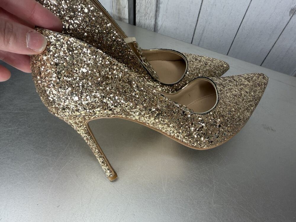 Jewel Badgley Mischka Gold Sparkle Pointed Toe Heels Rhinestone Strap Size 6.5